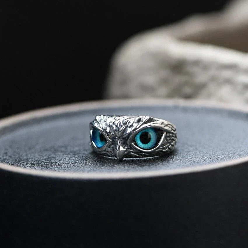 Owl Statement Ring with Turquoise Eyes and Antique Silver Finish — view 6
