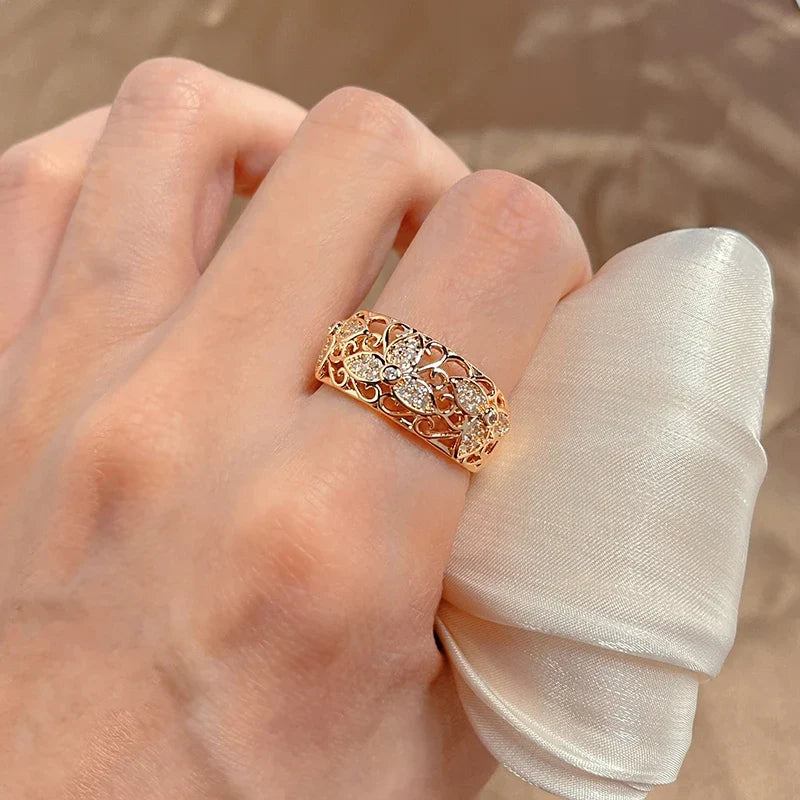 Floral Filigree Cubic Zirconia Cocktail Ring with Rose Gold Tone Band — view 3
