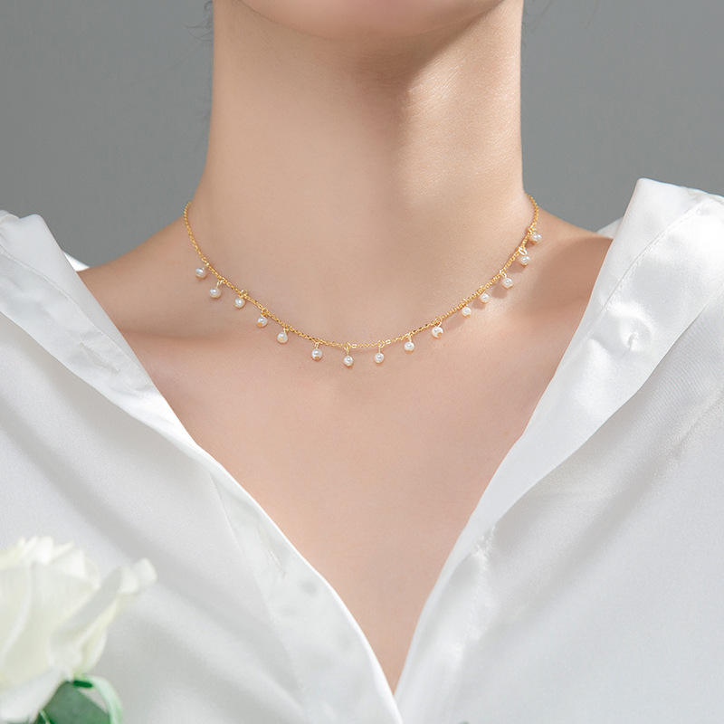 Baroque Pearl Dangle Choker Necklace with Delicate Chain — view 2