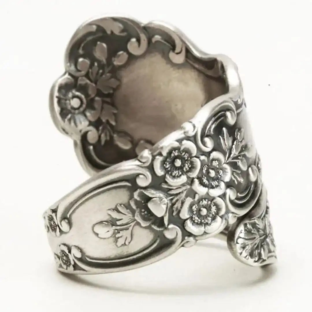 Floral Engraved Silver-Tone Statement Ring with Scrollwork Detail — view 4