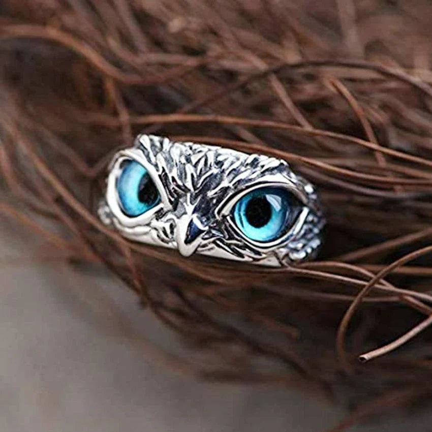 Owl Statement Ring with Turquoise Eyes and Antique Silver Finish — view 4