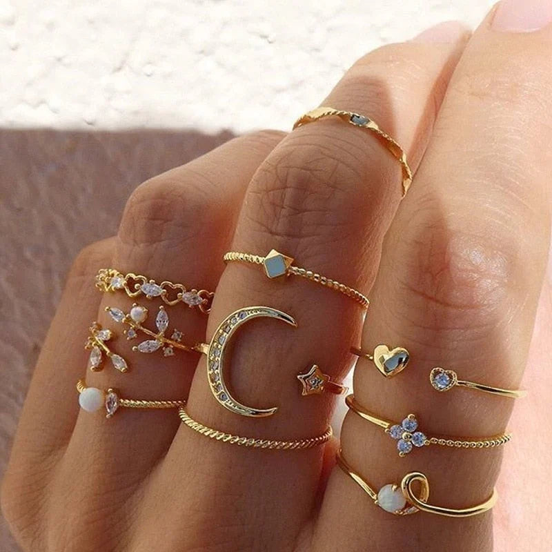 10-Piece Stackable Ring Set with Celestial, Floral & Pearl Accents — main image