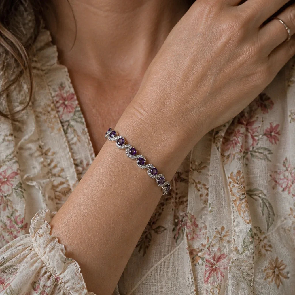 Oval Amethyst Tennis Bracelet with Halo Settings in Silver Tone