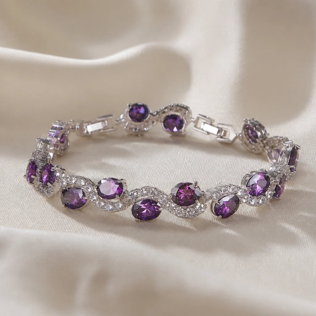Oval Amethyst Tennis Bracelet with Halo Settings in Silver Tone