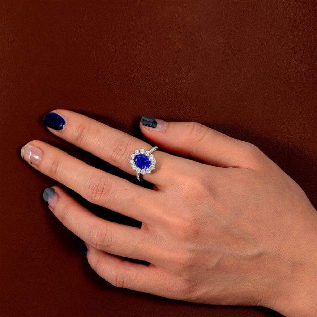 Oval Blue Sapphire Halo Ring with Pavé Cubic Zirconia Band — view 3