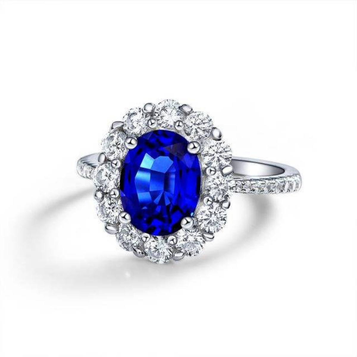 Oval Blue Sapphire Halo Ring with Pavé Cubic Zirconia Band — main image