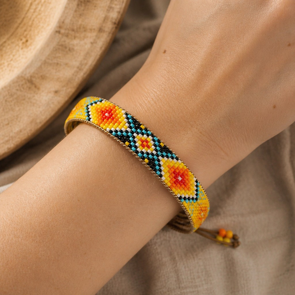 Geometric Multi-Color Beaded Bracelet with Adjustable Cord Closure — main image
