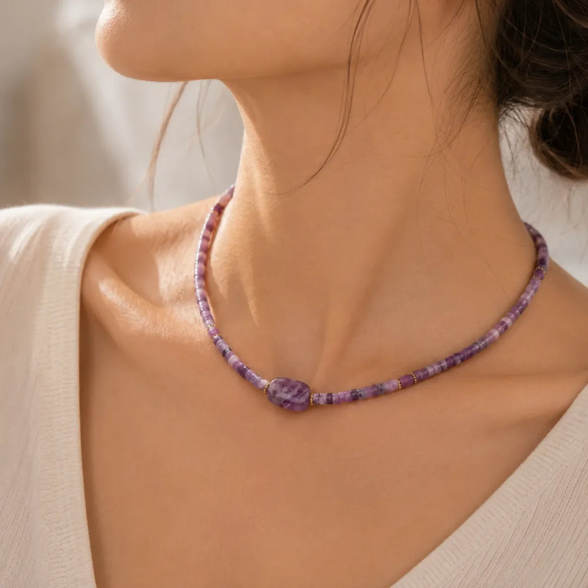 Amethyst Beaded Choker Necklace with Tumbled Stone Focal Point and Adjustable Gold-Tone Chain