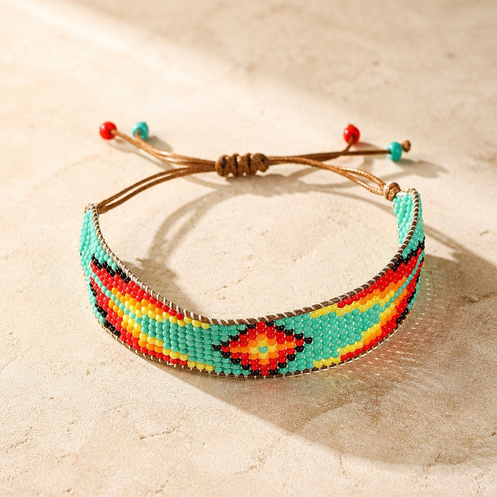 Geometric Multi-Color Beaded Bracelet with Adjustable Cord Closure — view 3