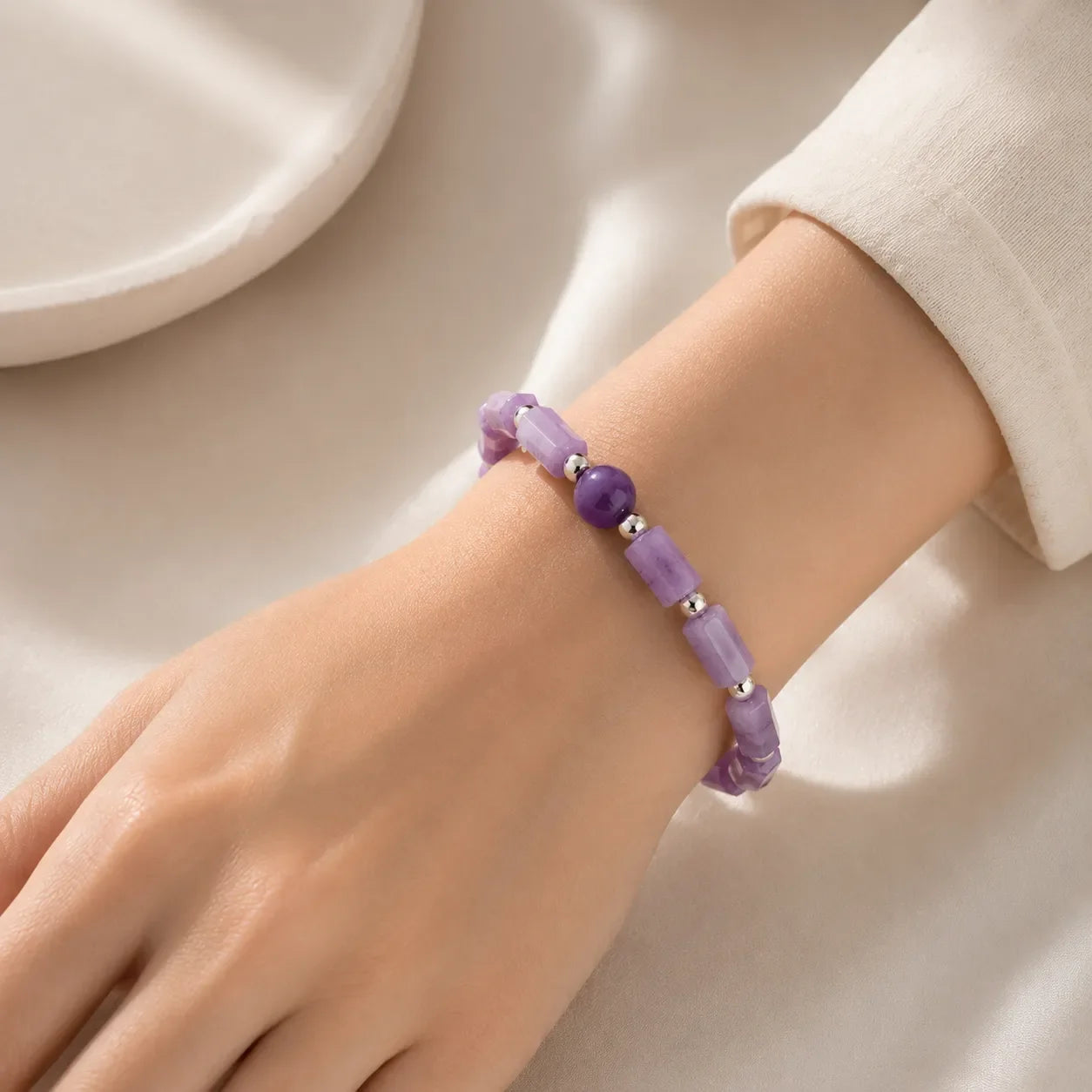 Amethyst Beaded Stretch Bracelet with Silver-Tone Accents