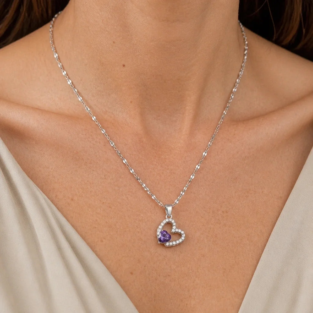 Open Heart Amethyst Pendant Necklace with Zirconia Accents in Silver Tone