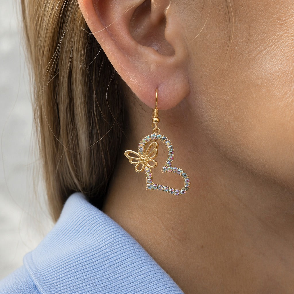 Heart & Butterfly Crystal Dangle Earrings in Gold Tone — main image