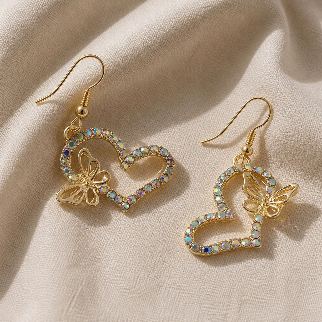 Heart & Butterfly Crystal Dangle Earrings in Gold Tone — view 2