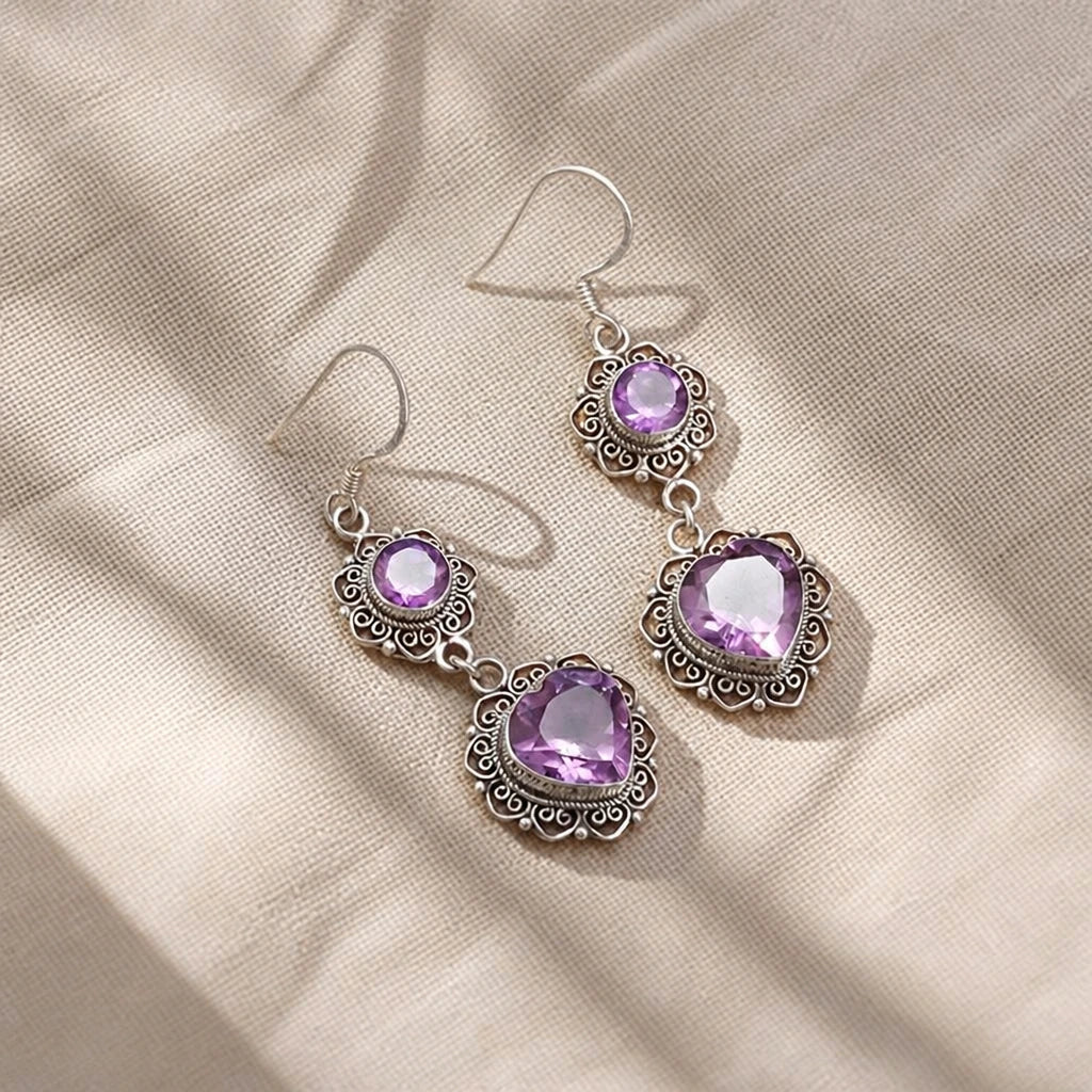 Heart and Round Amethyst Drop Earrings with Filigree Halo Setting