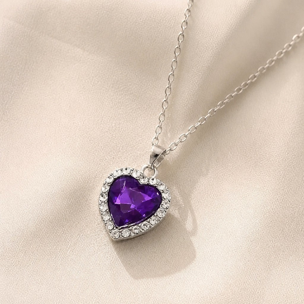 Heart-Shaped Amethyst Halo Pendant Necklace with Silver-Tone Chain