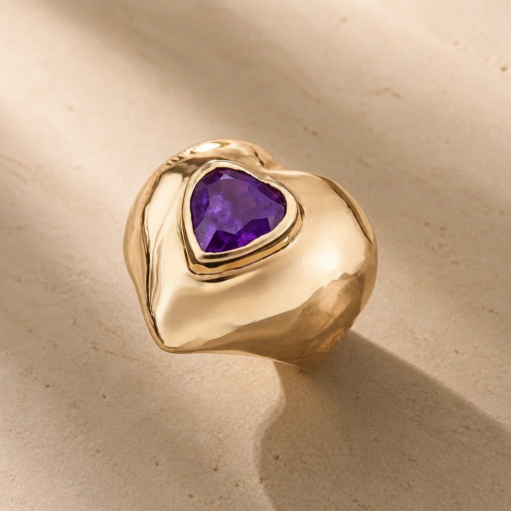 Heart-Shaped Amethyst Cocktail Ring with Domed Gold Tone Band