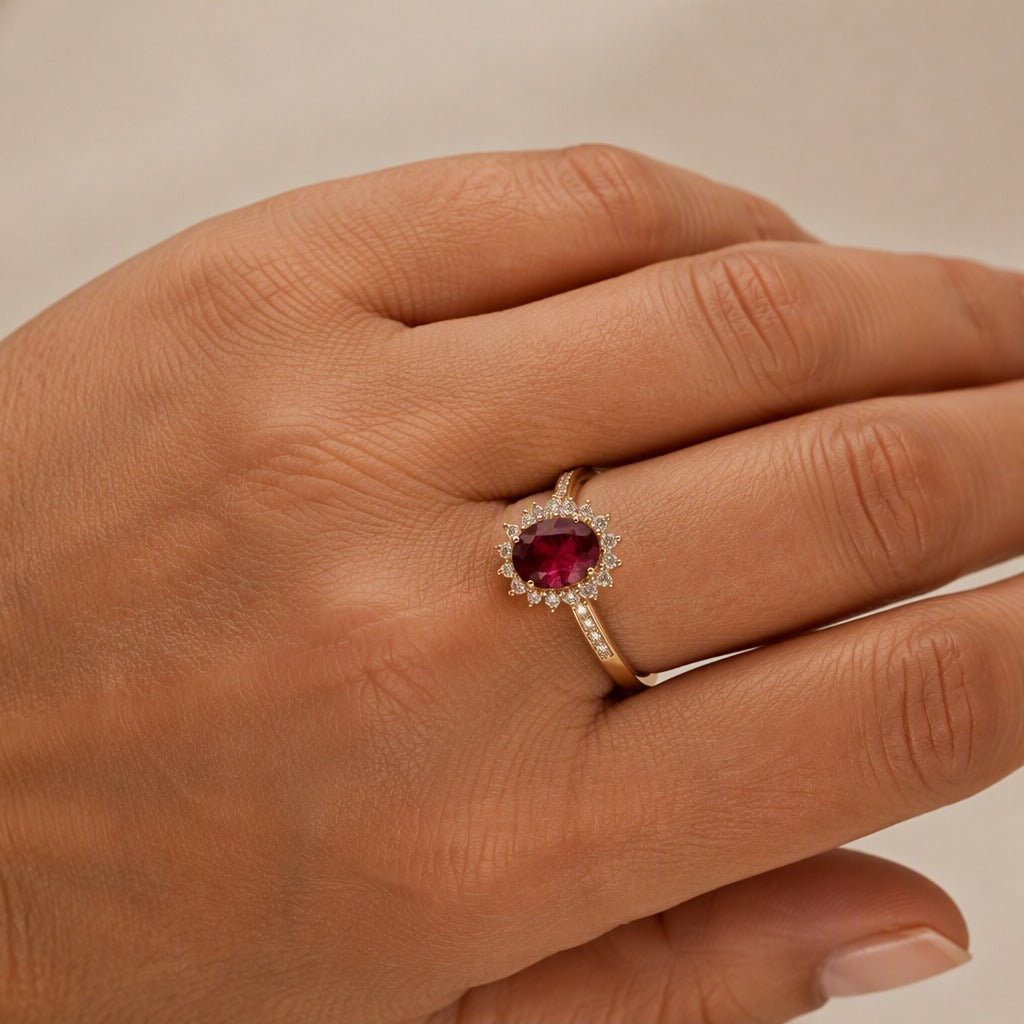 Oval Ruby-Red Halo Cocktail Ring with Gold-Tone Band — view 2