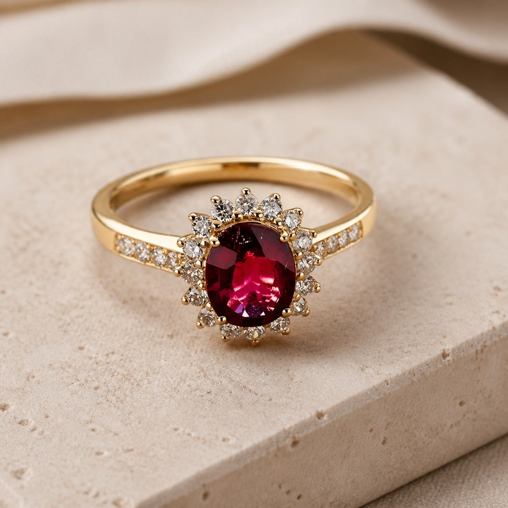 Oval Ruby-Red Halo Cocktail Ring with Gold-Tone Band — main image