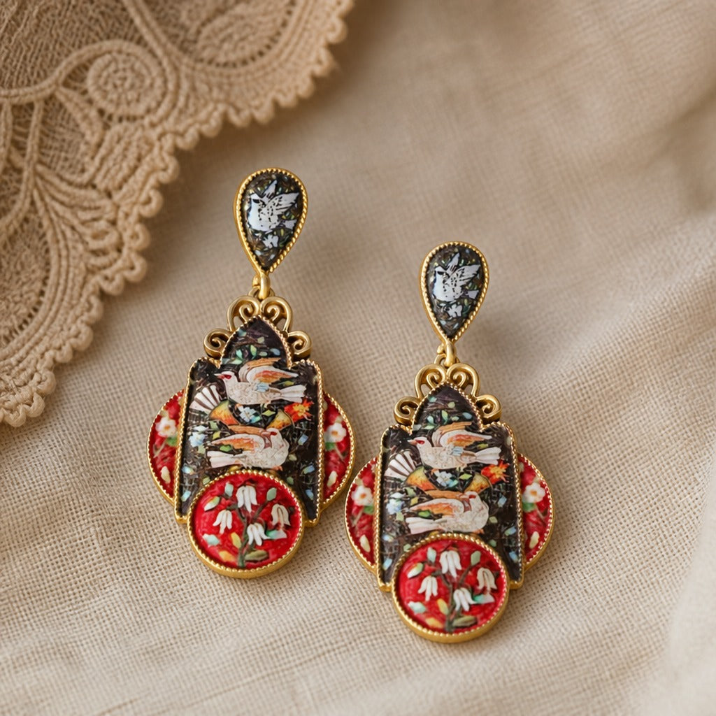 Two-Tier Enamel Bird Drop Earrings with Floral Scrollwork — view 2