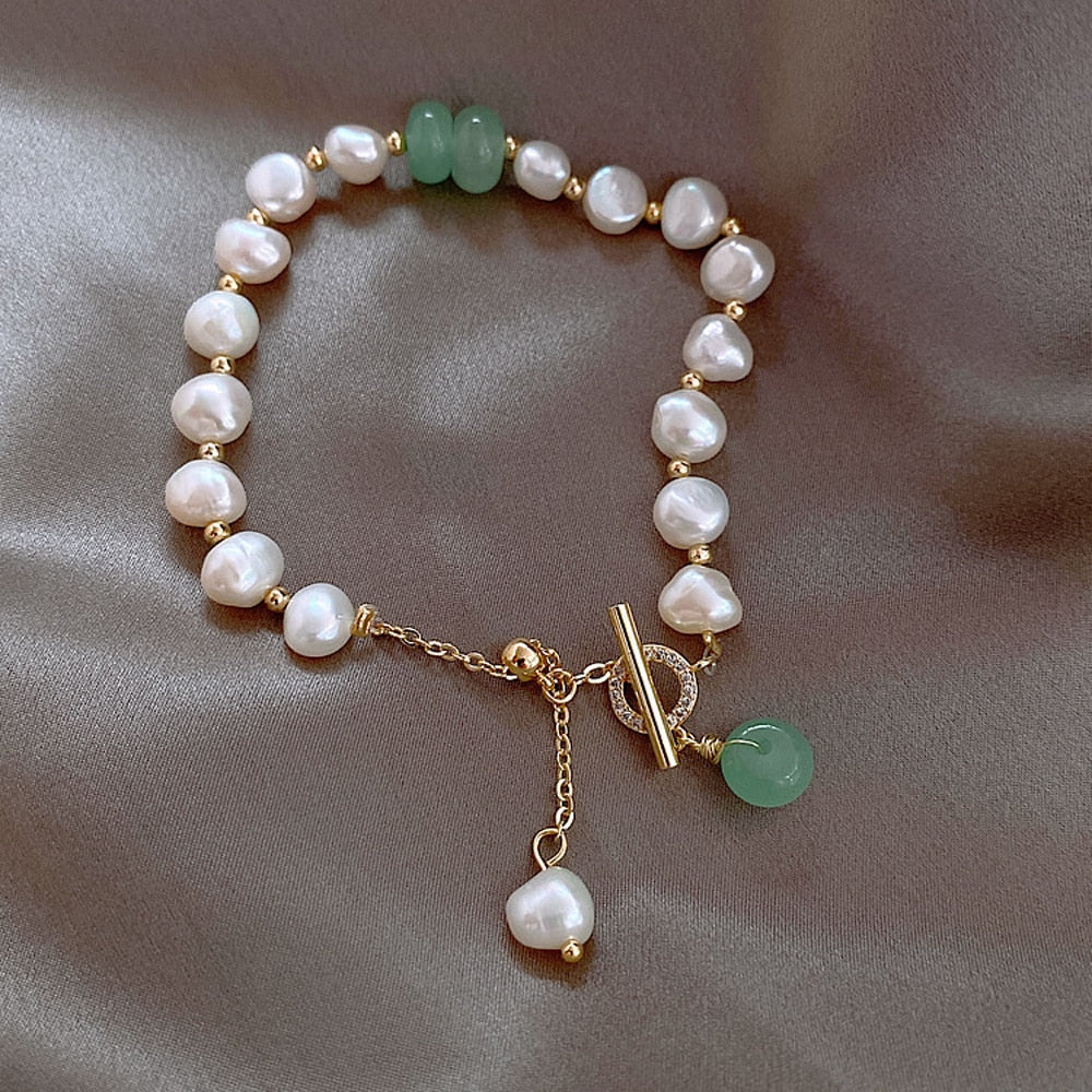 Pearl and Green Stone Beaded Bracelet with Gold-Tone Toggle Clasp — main image
