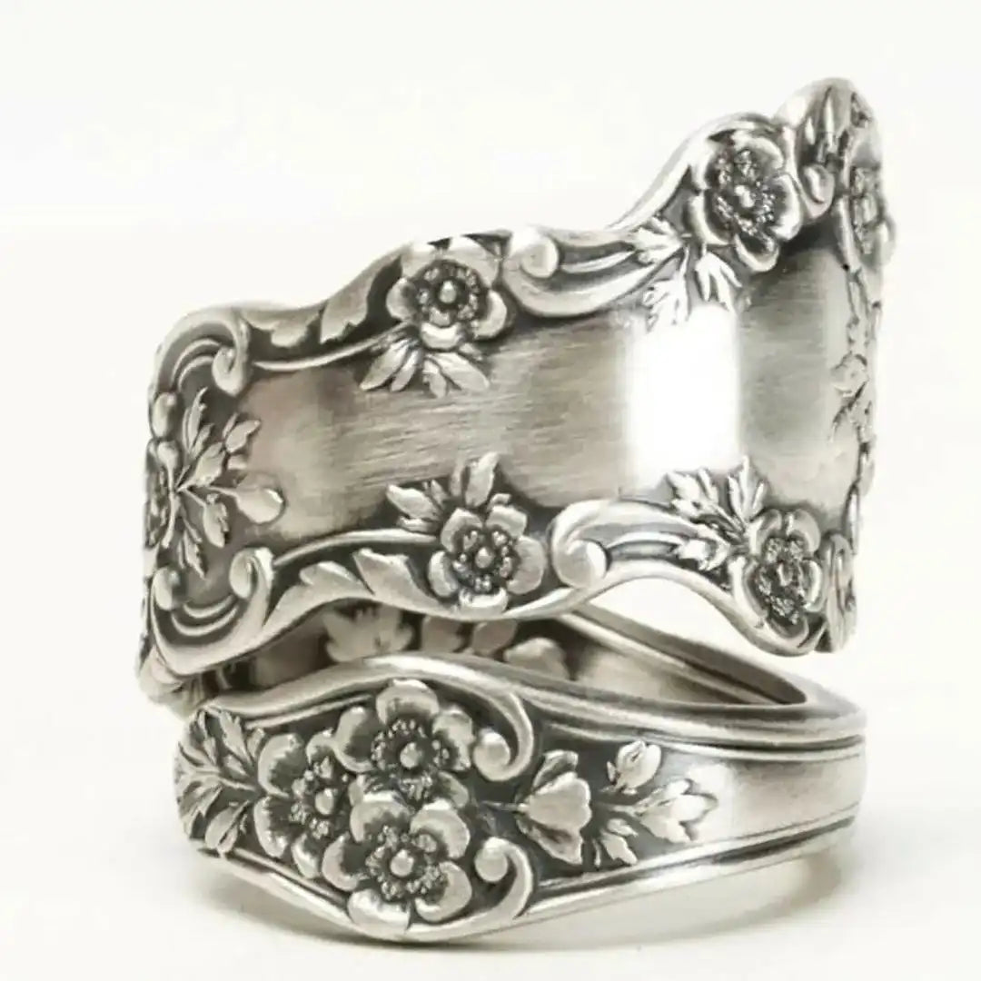Floral Engraved Silver-Tone Statement Ring with Scrollwork Detail — view 2