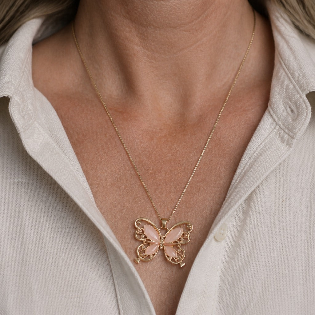 Butterfly Pendant Necklace with Opal-Tone Inlay, Rhinestone Accents and Gold-Tone Chain — main image