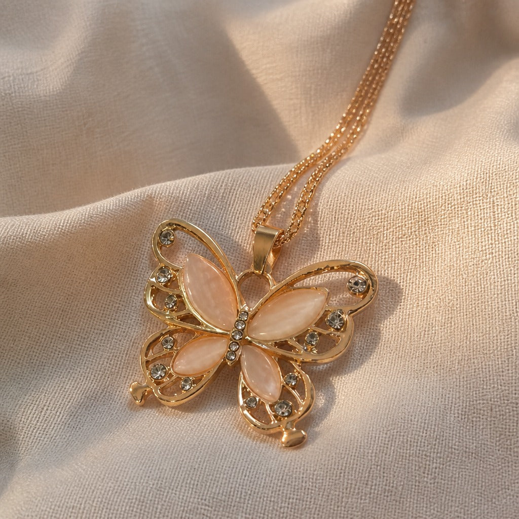 Butterfly Pendant Necklace with Opal-Tone Inlay, Rhinestone Accents and Gold-Tone Chain — view 2