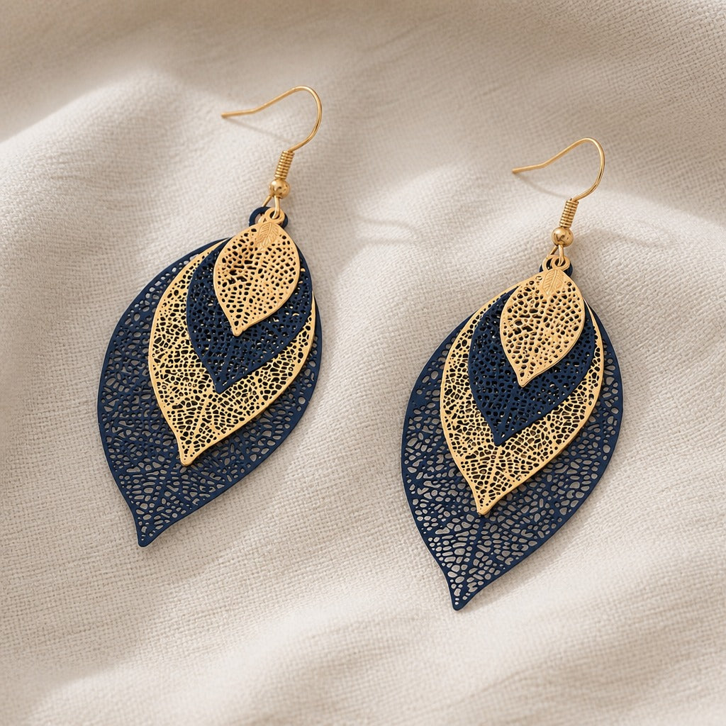 Hollow Layered Leaf Drop Earrings with Gold-Tone Filigree Design — view 2