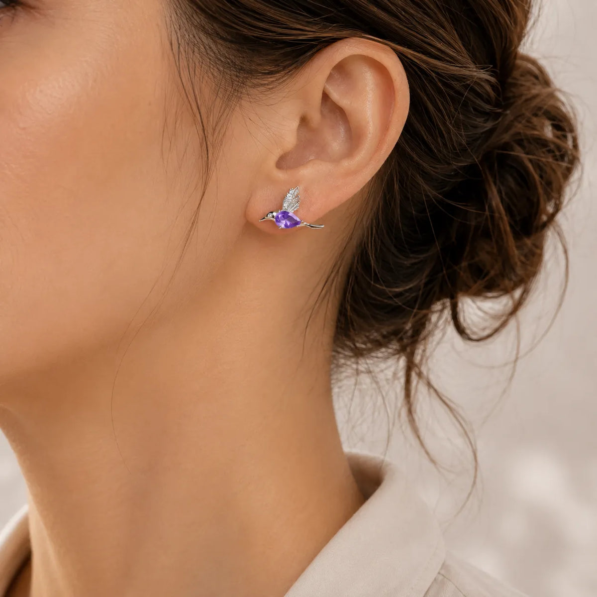 Hummingbird Amethyst Stud Earrings with Sparkling Wing Accents