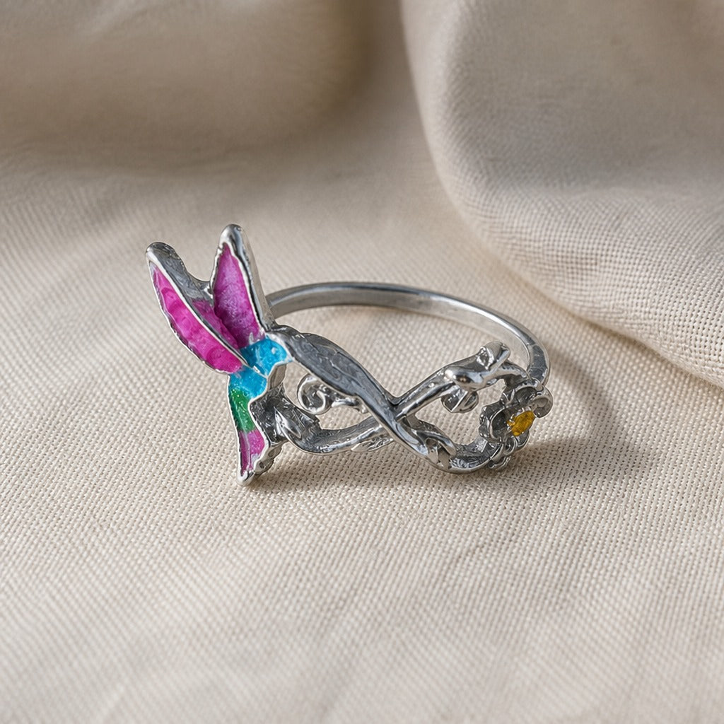 Hummingbird Floral Enamel Statement Ring in Oxidized Silver Tone — main image
