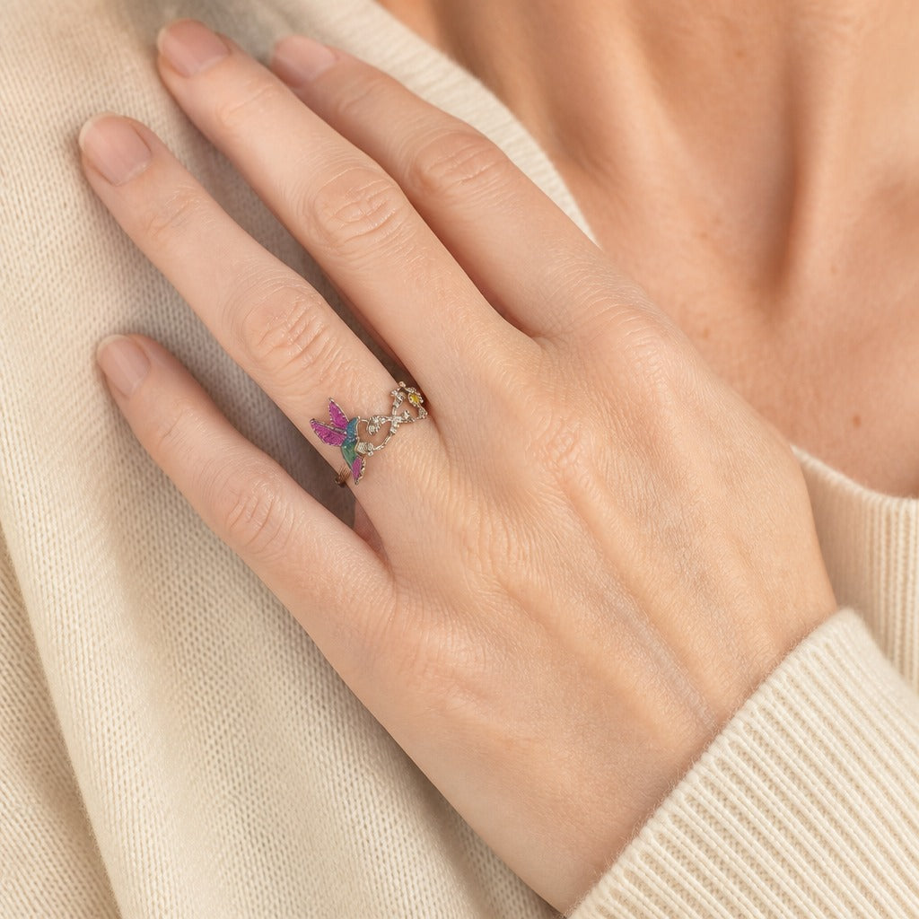 Hummingbird Floral Enamel Statement Ring in Oxidized Silver Tone — view 2