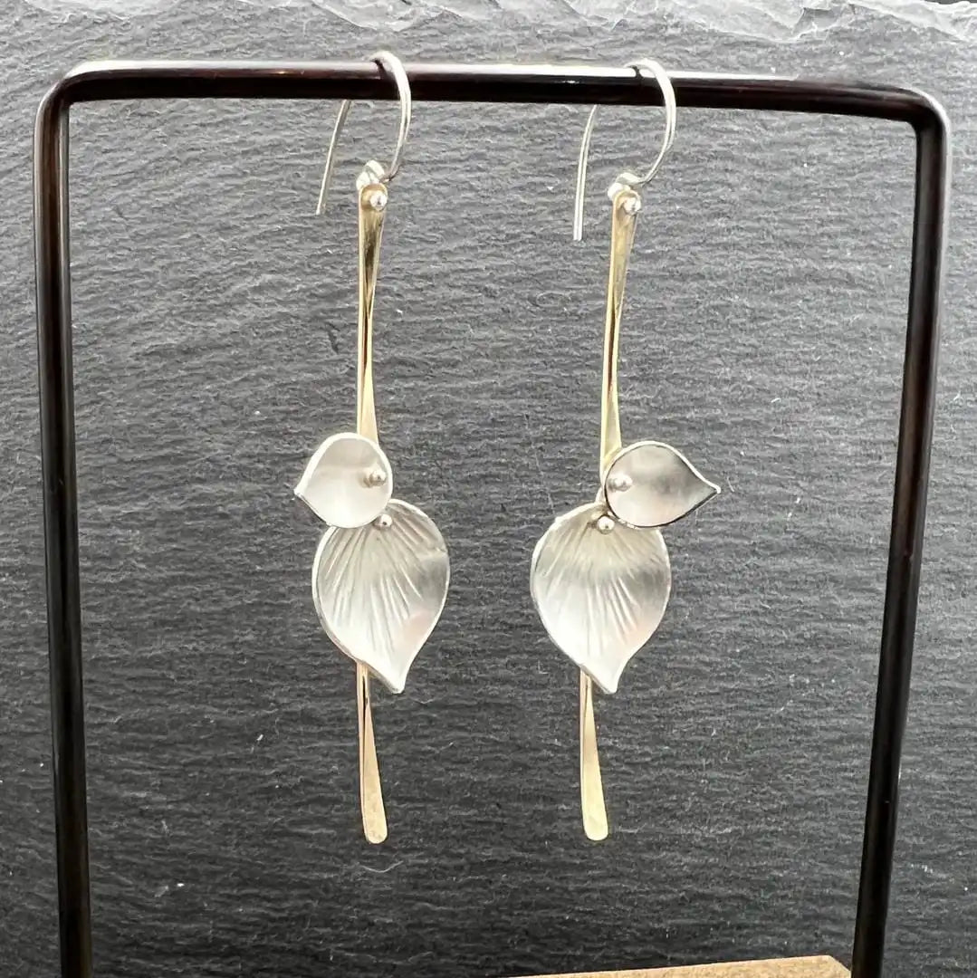 Lily Pod Drop Earrings in Silver Tone with Striped Petal Detail — view 3