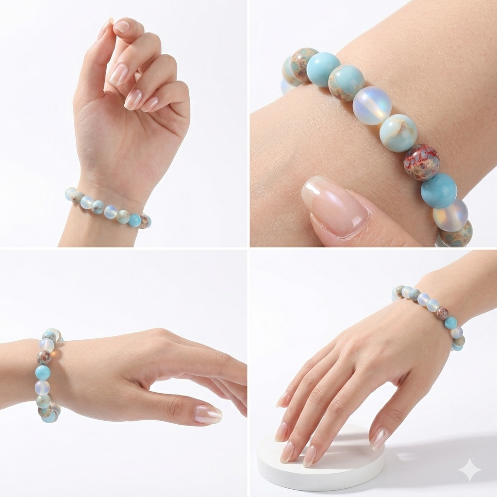 Pastel Beaded Stretch Bracelet with Mixed Glass and Stone Beads in Pink, Blue and Amber Tones — view 2