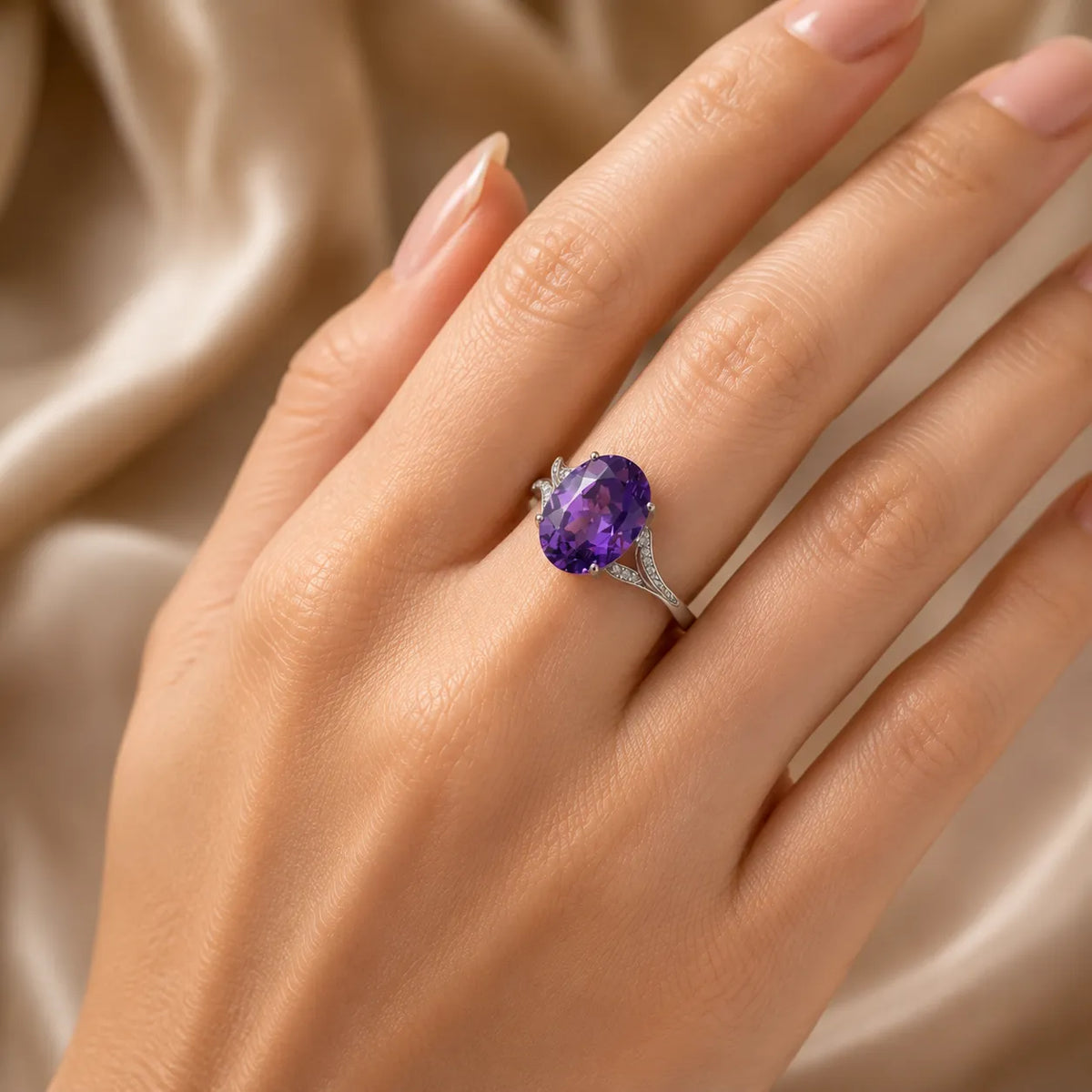 Oval Amethyst Ring with Zirconia Split-Shank Band