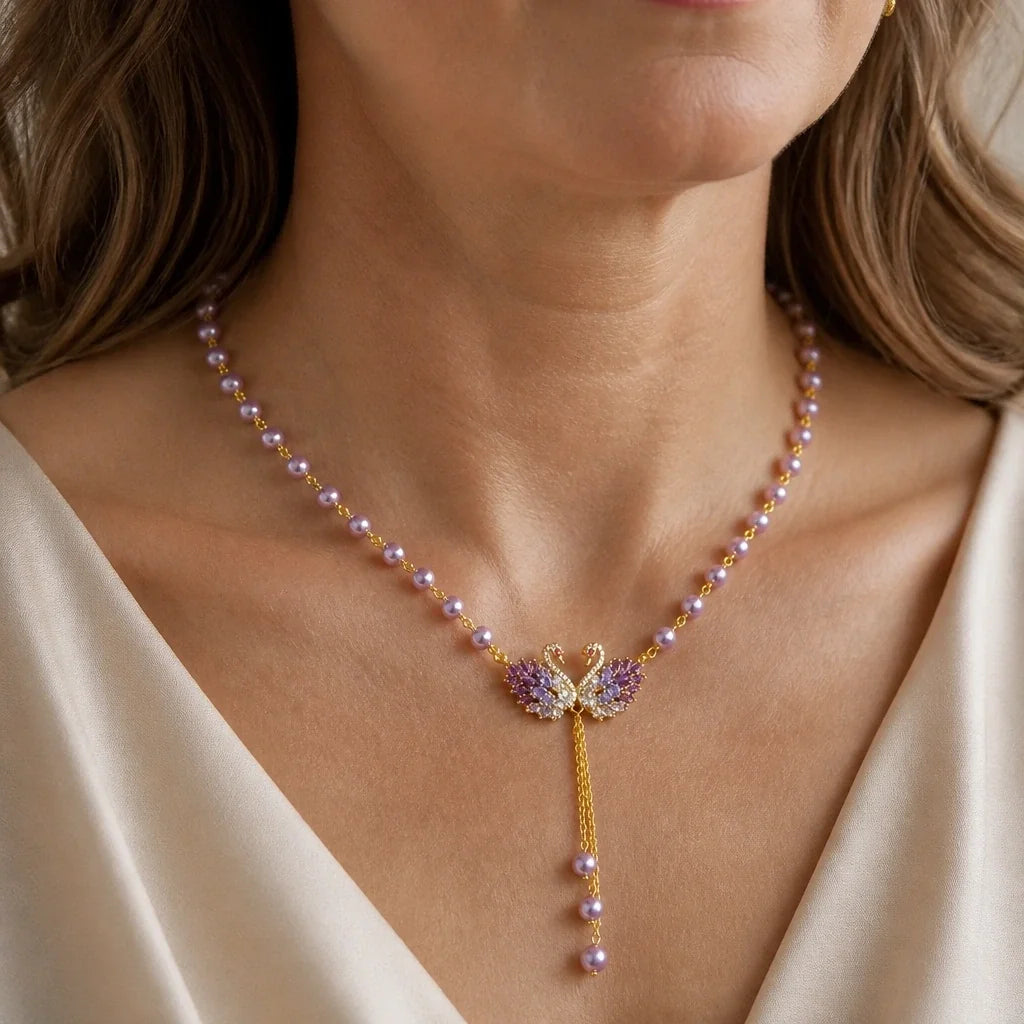 Winged Amethyst Pendant Necklace with Pearl Tassel Drop