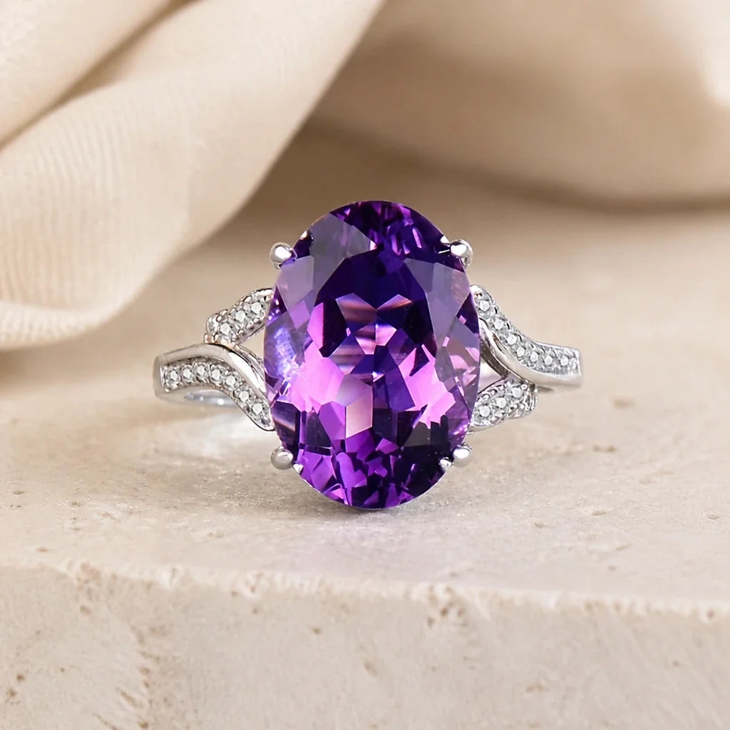Oval Amethyst Ring with Zirconia Split-Shank Band