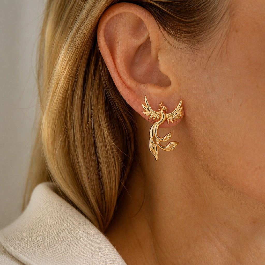 Phoenix Stud Earrings with Sculptural Wings and Tail Feathers in Gold Tone — main image