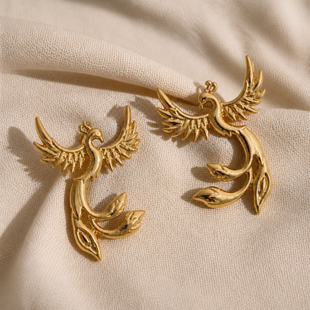 Phoenix Stud Earrings with Sculptural Wings and Tail Feathers in Gold Tone — view 2