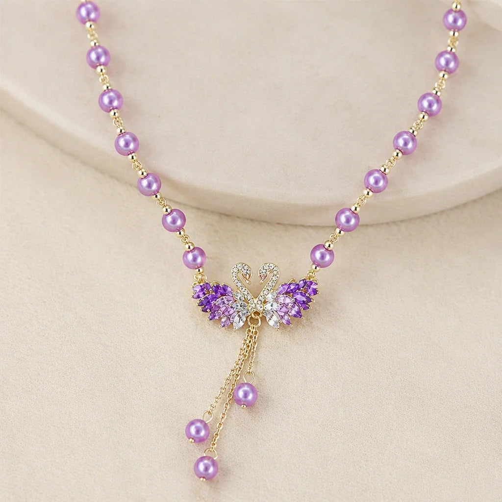 Winged Amethyst Pendant Necklace with Pearl Tassel Drop