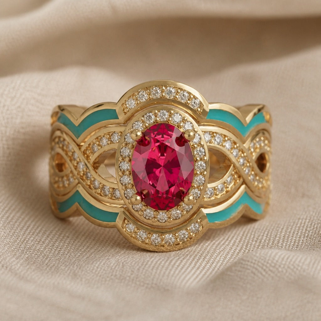 Oval Ruby Cocktail Ring with Turquoise Inlay and Gold-Tone Halo Band — main image