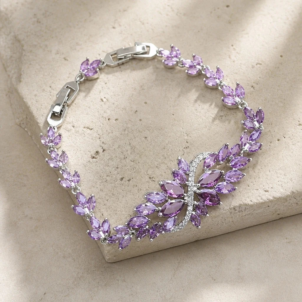 Marquise Amethyst Floral Cluster Tennis Bracelet with Silver-Tone Setting