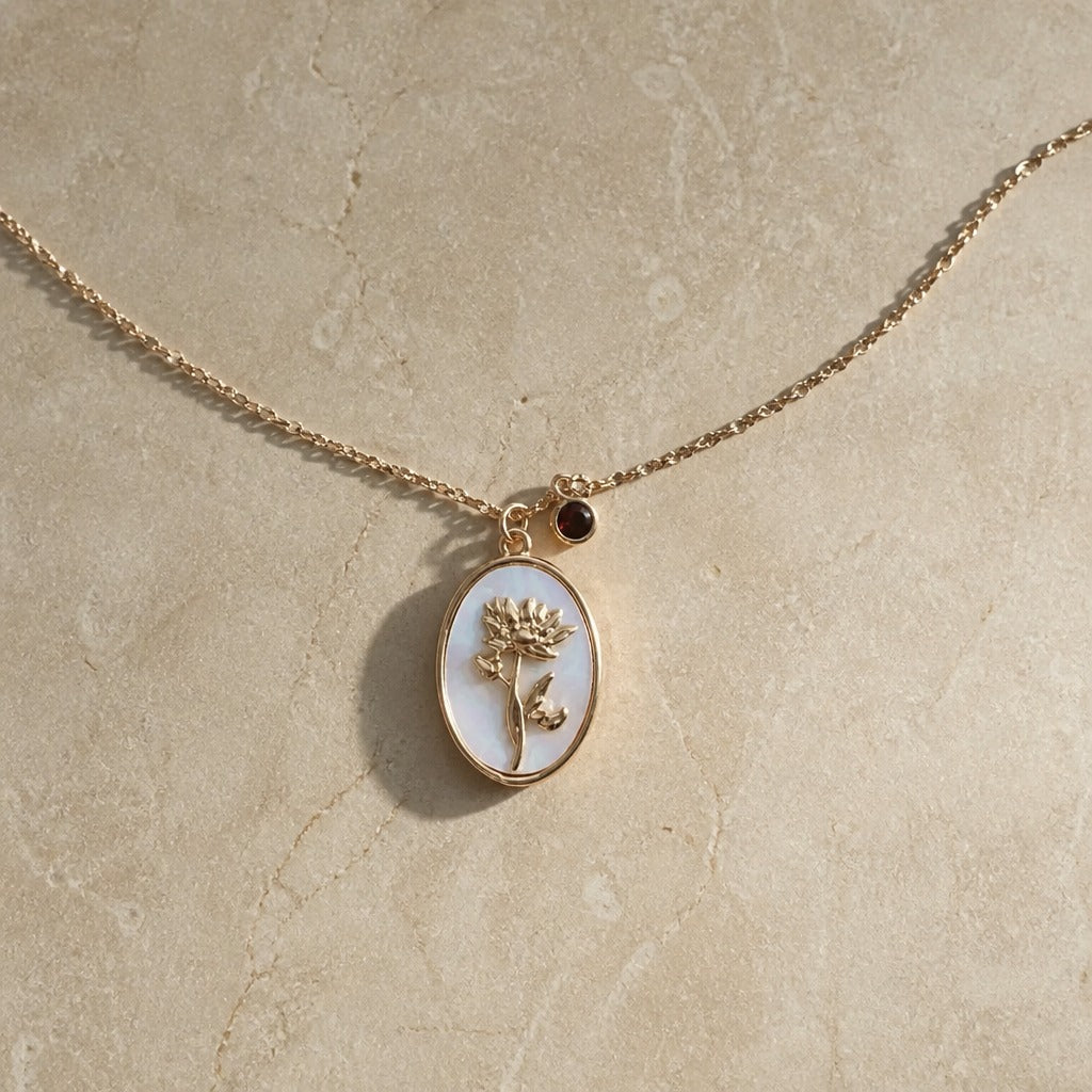 Oval Flower Pendant Necklace with Pearlescent Inlay and Birthstone Charm — view 2