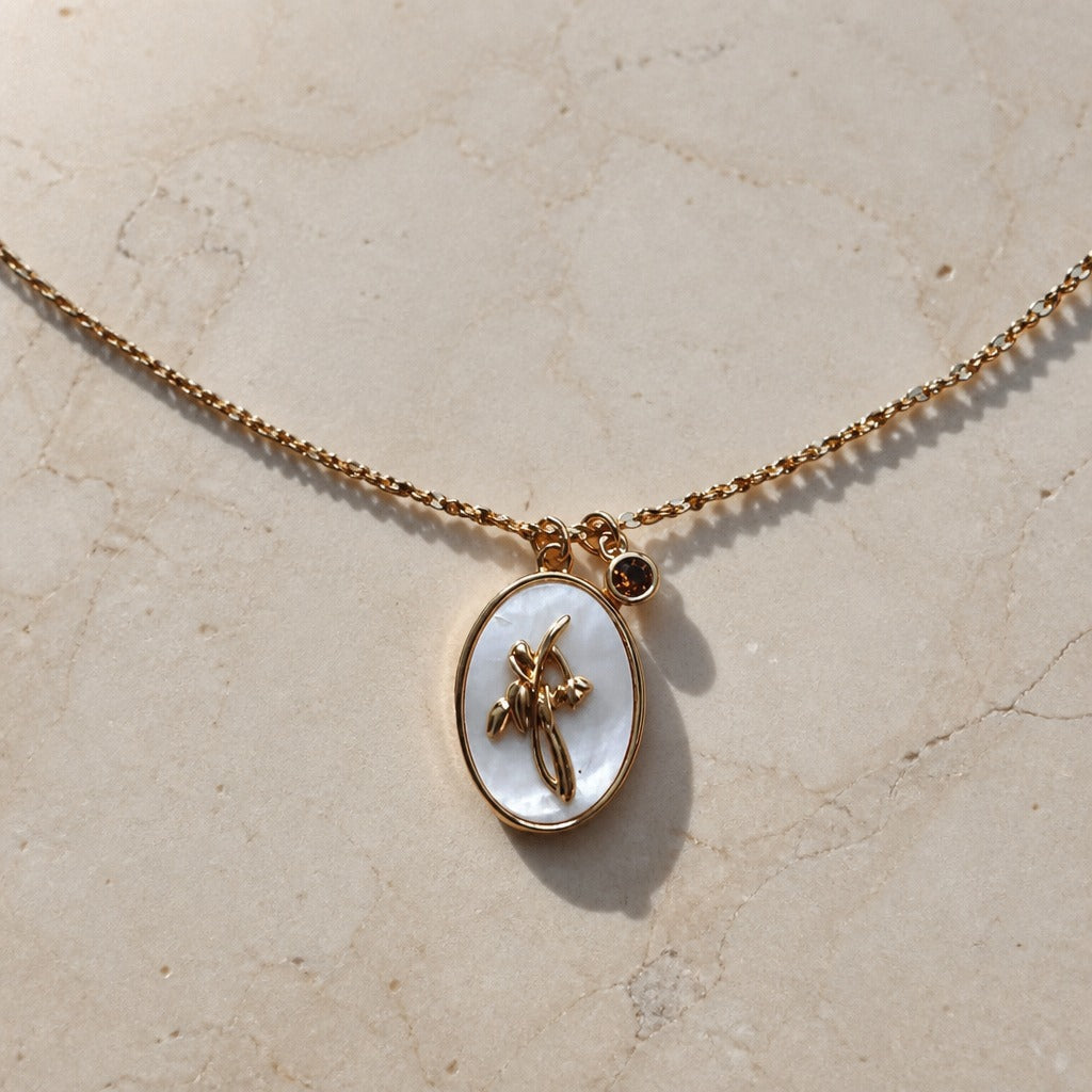 Oval Flower Pendant Necklace with Pearlescent Inlay and Birthstone Charm — view 8