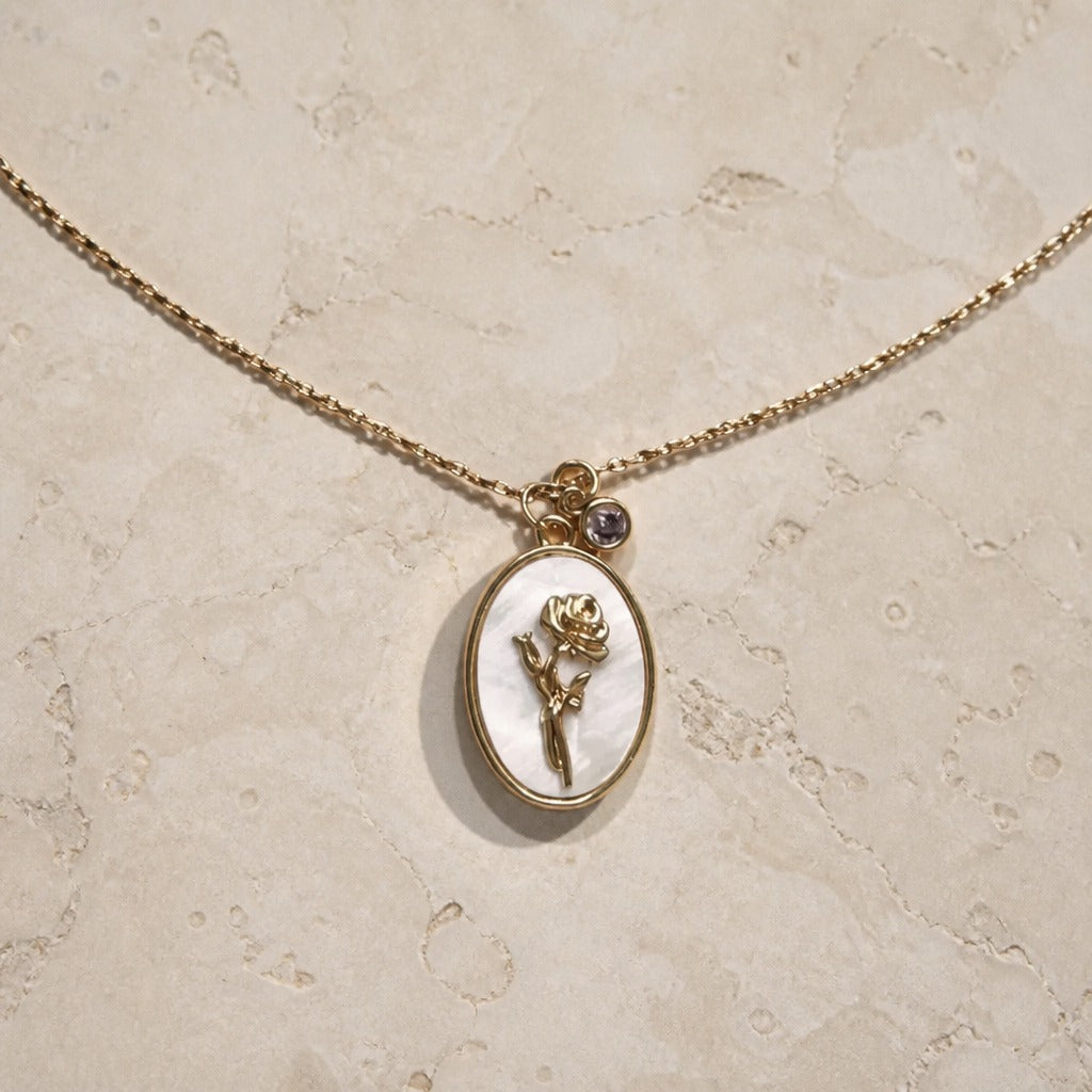 Oval Flower Pendant Necklace with Pearlescent Inlay and Birthstone Charm — view 7