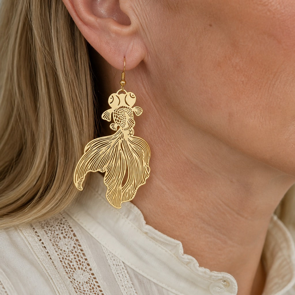 Koi Fish Charm Drop Earrings with Crescent Moon Detail — main image