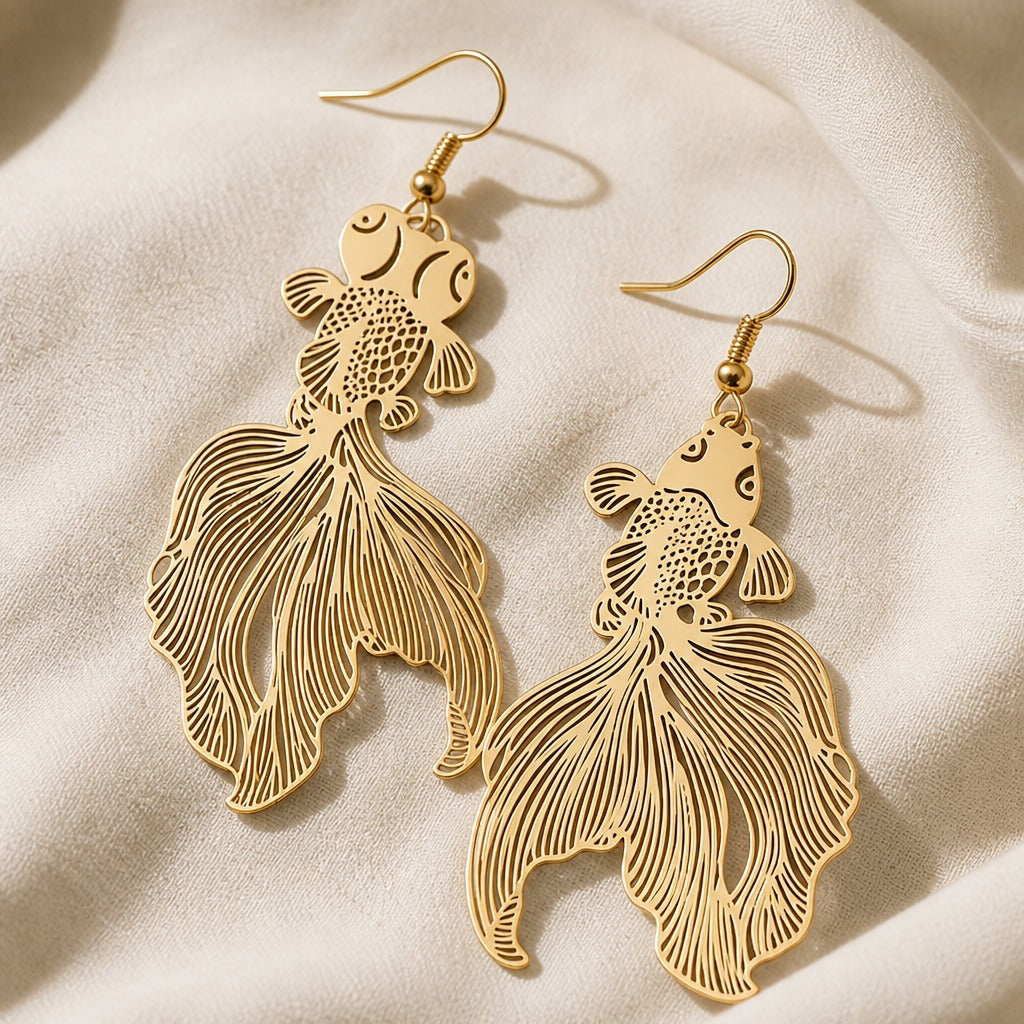 Koi Fish Charm Drop Earrings with Crescent Moon Detail — view 2