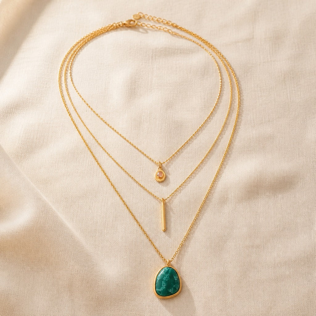 Three-Tier Layered Boho Necklace with Turquoise and Malachite Pendants — view 4