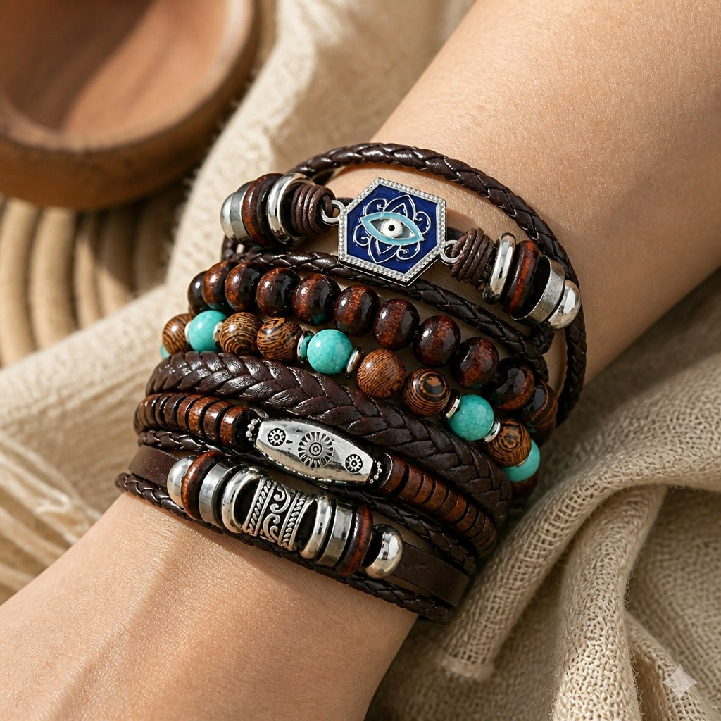 6-Piece Evil Eye Charm Layered Leather Bracelet Set with Turquoise Beads — main image