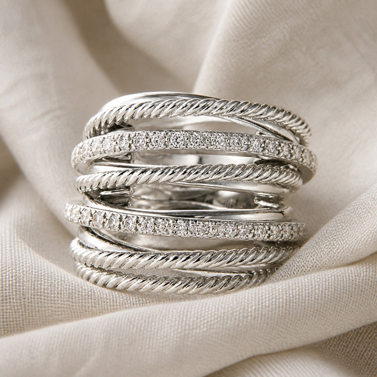 Layered Multi-Band Cubic Zirconia Ring with Twisted Texture Detail in Silver Tone — view 2
