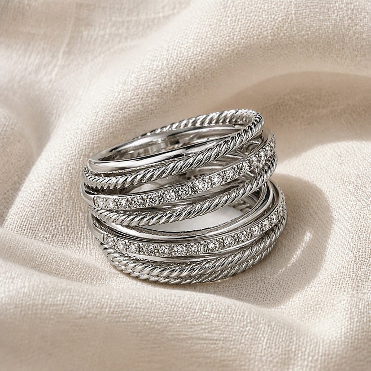 Layered Multi-Band Cubic Zirconia Ring with Twisted Texture Detail in Silver Tone — main image